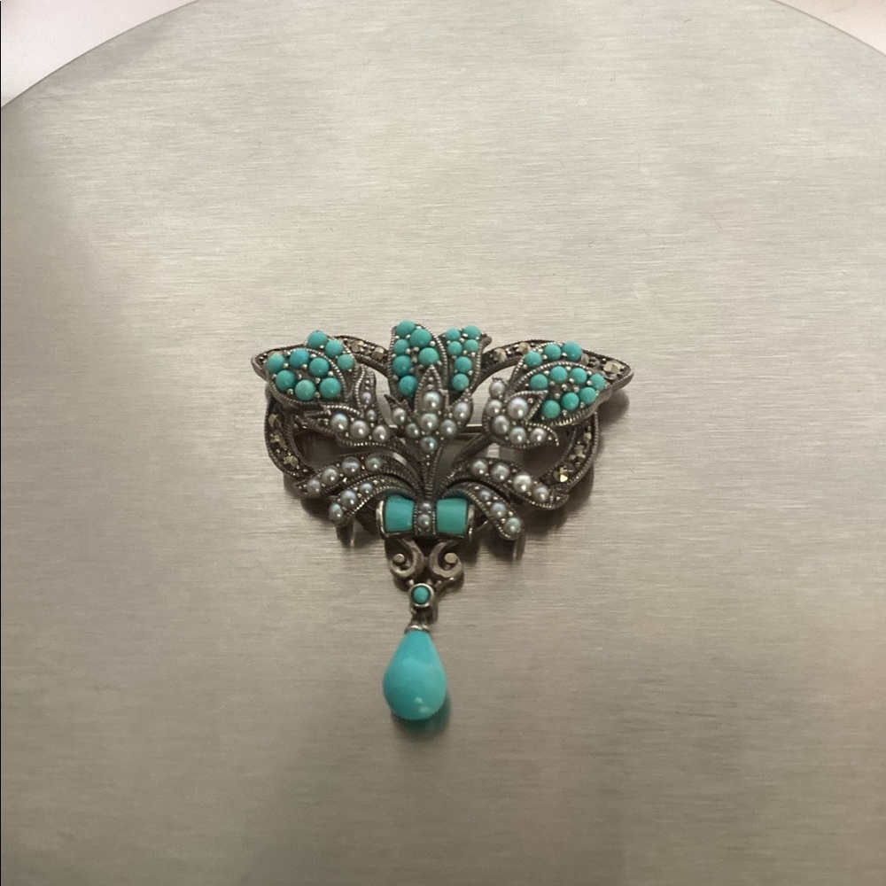 S/S PIN,SLEEPING BEAUTY TURQUOISE WITH SEED PEARLS - Picture 3 of 7